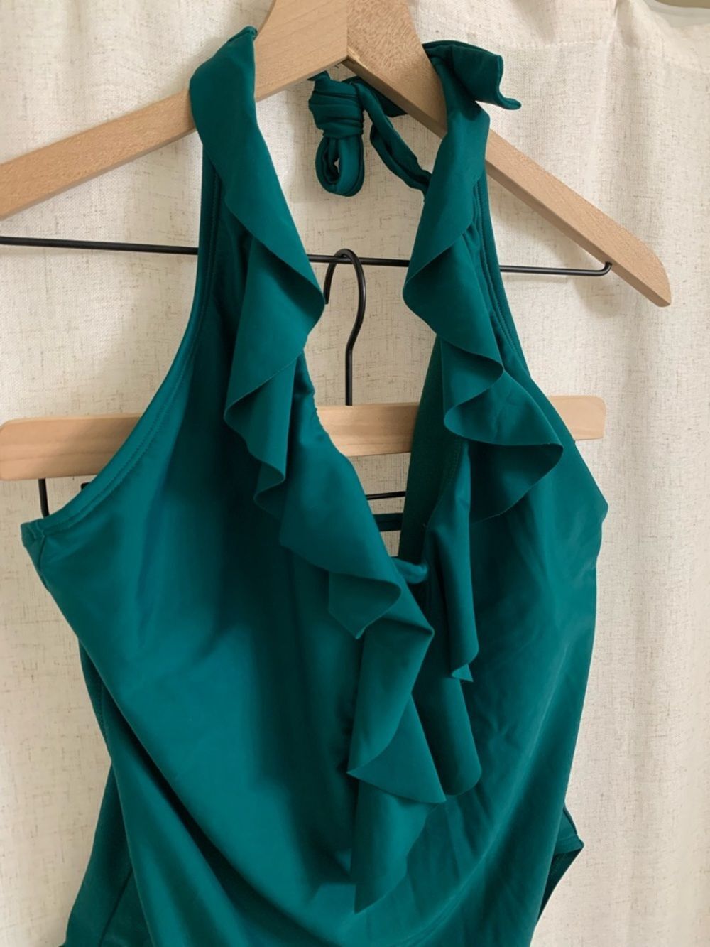 Bleu Rod Beattie Let Loose Teal Ruffle Halter Plunge Neck One Piece Swimsuit 12 - Picture 3 of 5